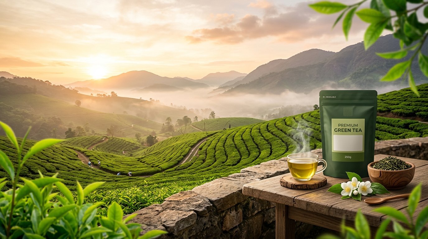 Tea garden at sunrise with a cup of green tea